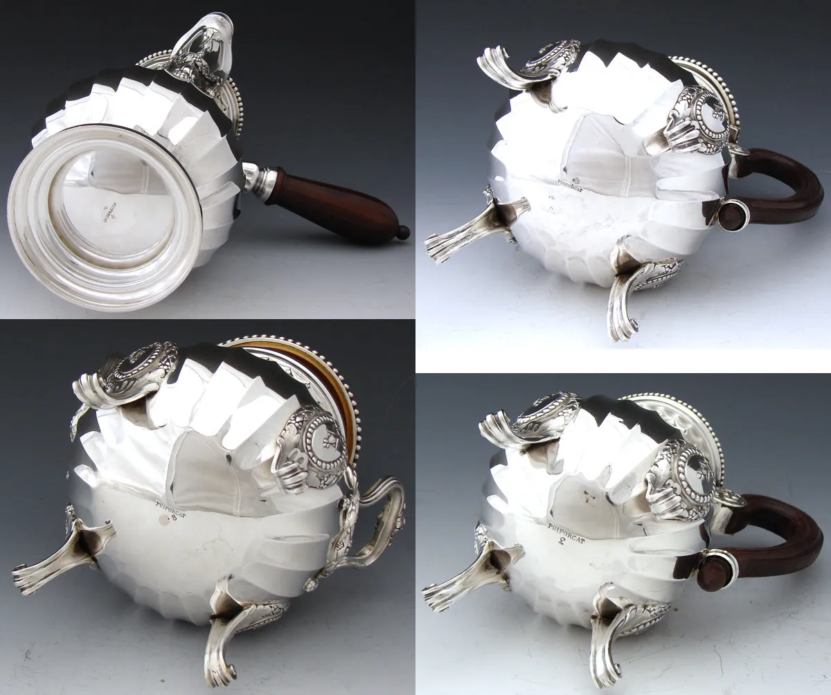 Antique French PUIFORCAT Sterling Silver 5pc Coffee & Tea Service, Set, Laurel Garland, Fluted Bodies