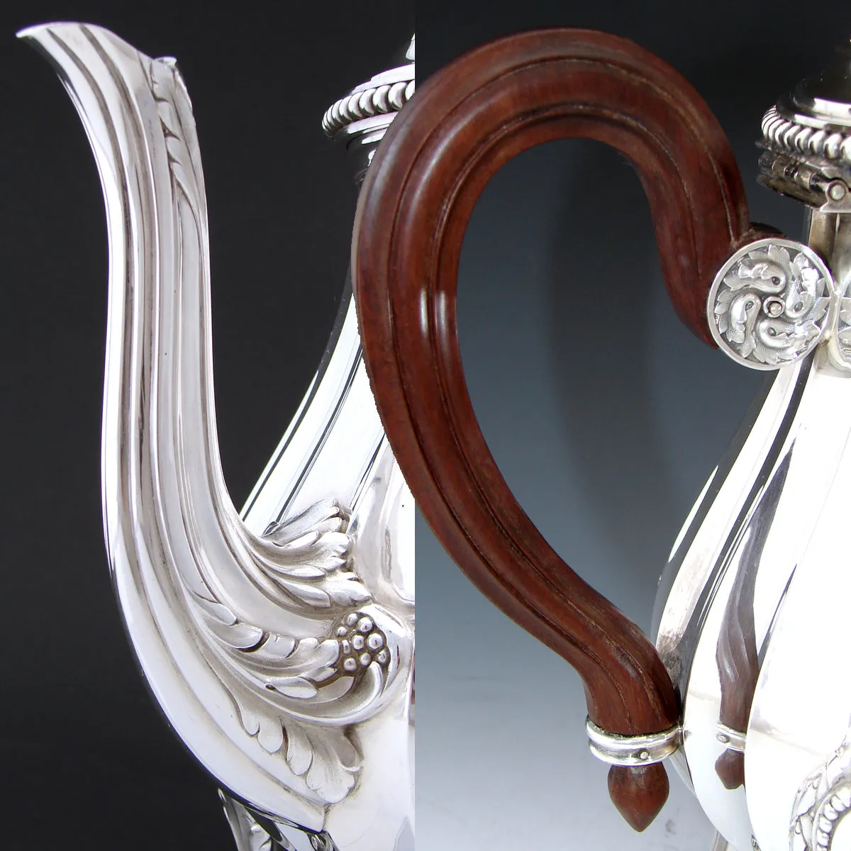 Antique French PUIFORCAT Sterling Silver 5pc Coffee & Tea Service, Set, Laurel Garland, Fluted Bodies