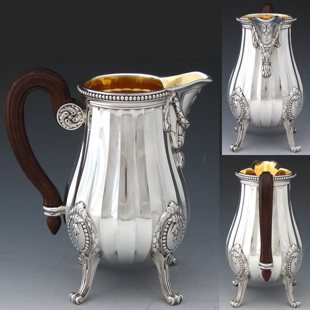 Antique French PUIFORCAT Sterling Silver 5pc Coffee & Tea Service, Set, Laurel Garland, Fluted Bodies
