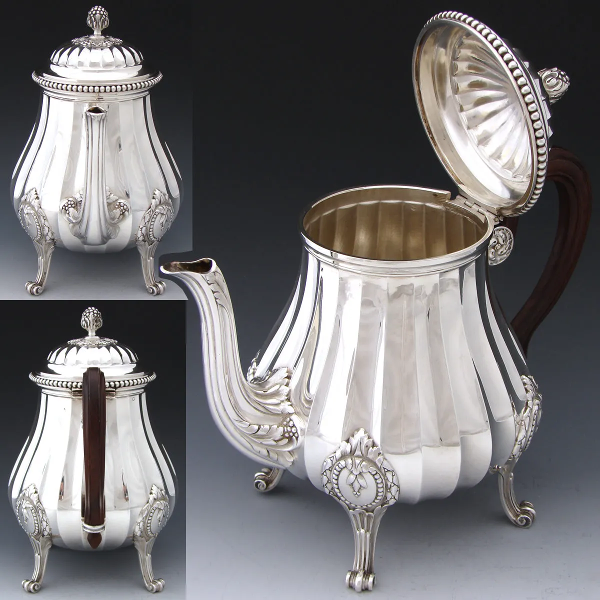 Antique French PUIFORCAT Sterling Silver 5pc Coffee & Tea Service, Set, Laurel Garland, Fluted Bodies