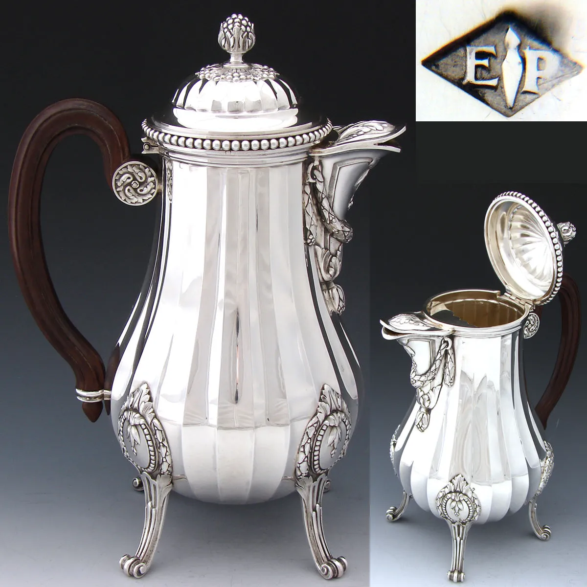 Antique French PUIFORCAT Sterling Silver 5pc Coffee & Tea Service, Set, Laurel Garland, Fluted Bodies