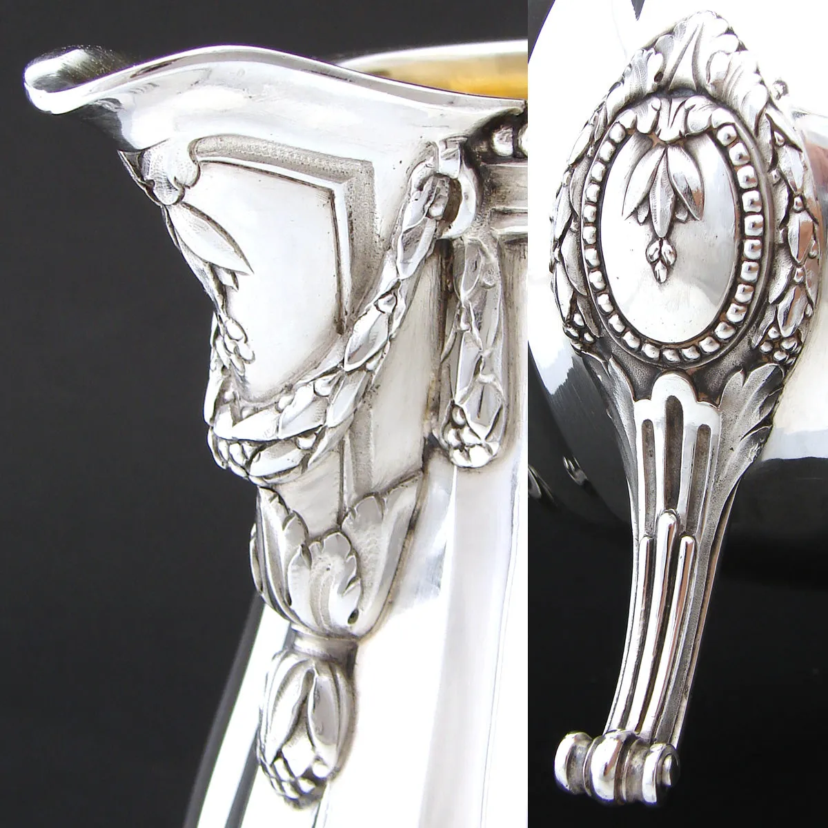 Antique French PUIFORCAT Sterling Silver 5pc Coffee & Tea Service, Set, Laurel Garland, Fluted Bodies
