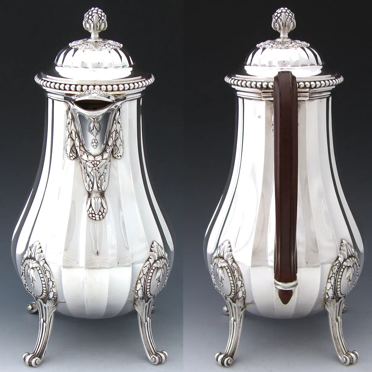 Antique French PUIFORCAT Sterling Silver 5pc Coffee & Tea Service, Set, Laurel Garland, Fluted Bodies