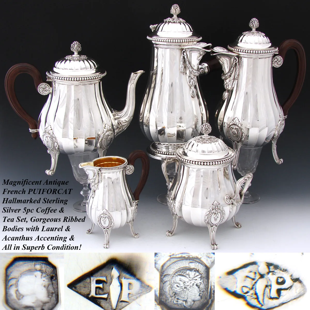 Antique French PUIFORCAT Sterling Silver 5pc Coffee & Tea Service, Set, Laurel Garland, Fluted Bodies