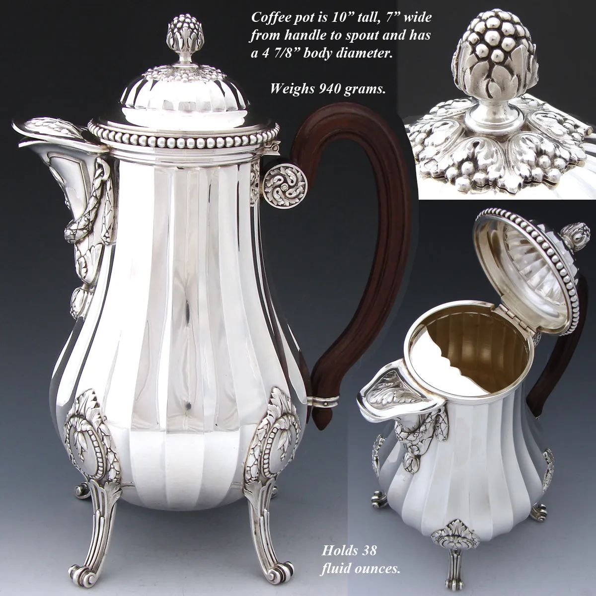 Antique French PUIFORCAT Sterling Silver 5pc Coffee & Tea Service, Set, Laurel Garland, Fluted Bodies