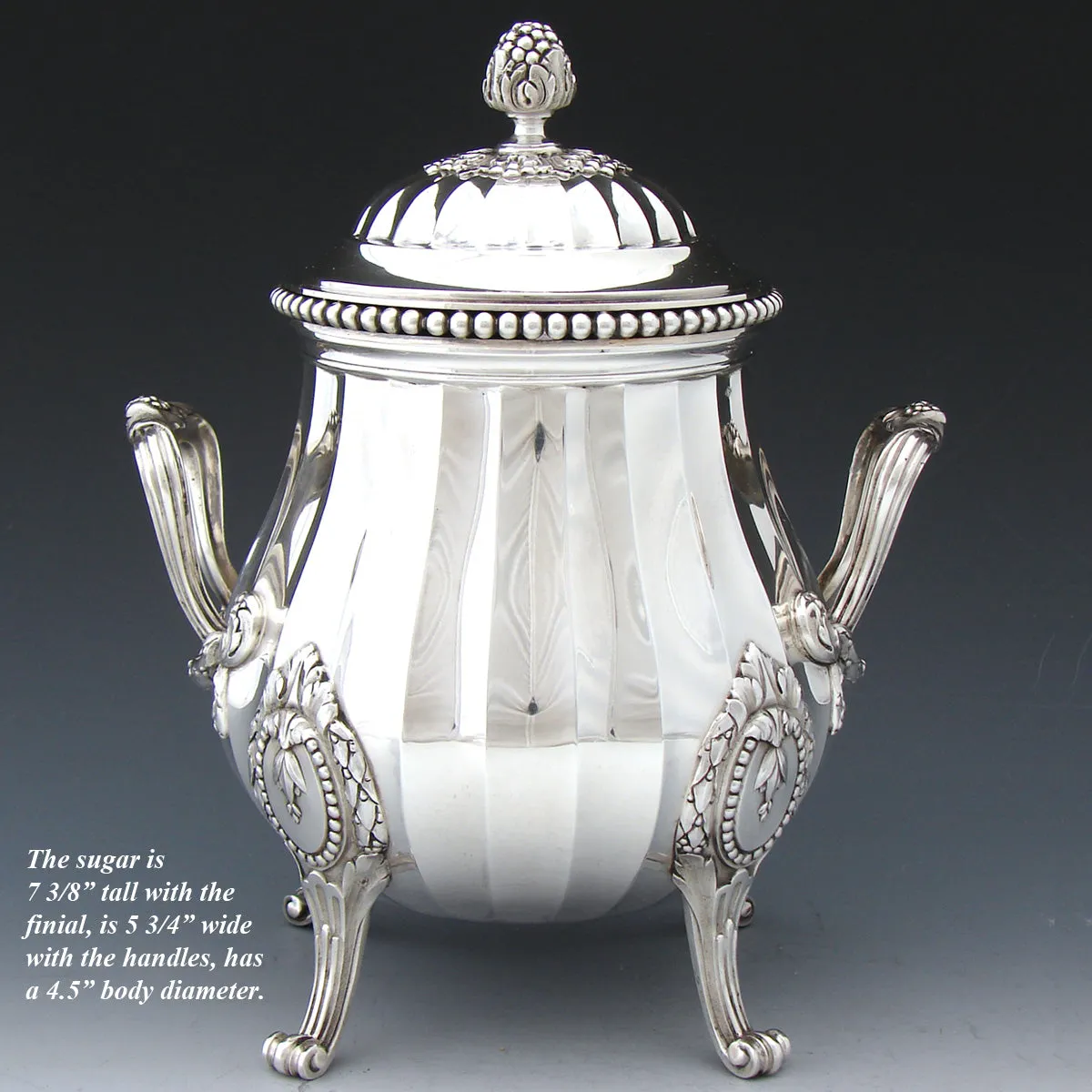 Antique French PUIFORCAT Sterling Silver 5pc Coffee & Tea Service, Set, Laurel Garland, Fluted Bodies