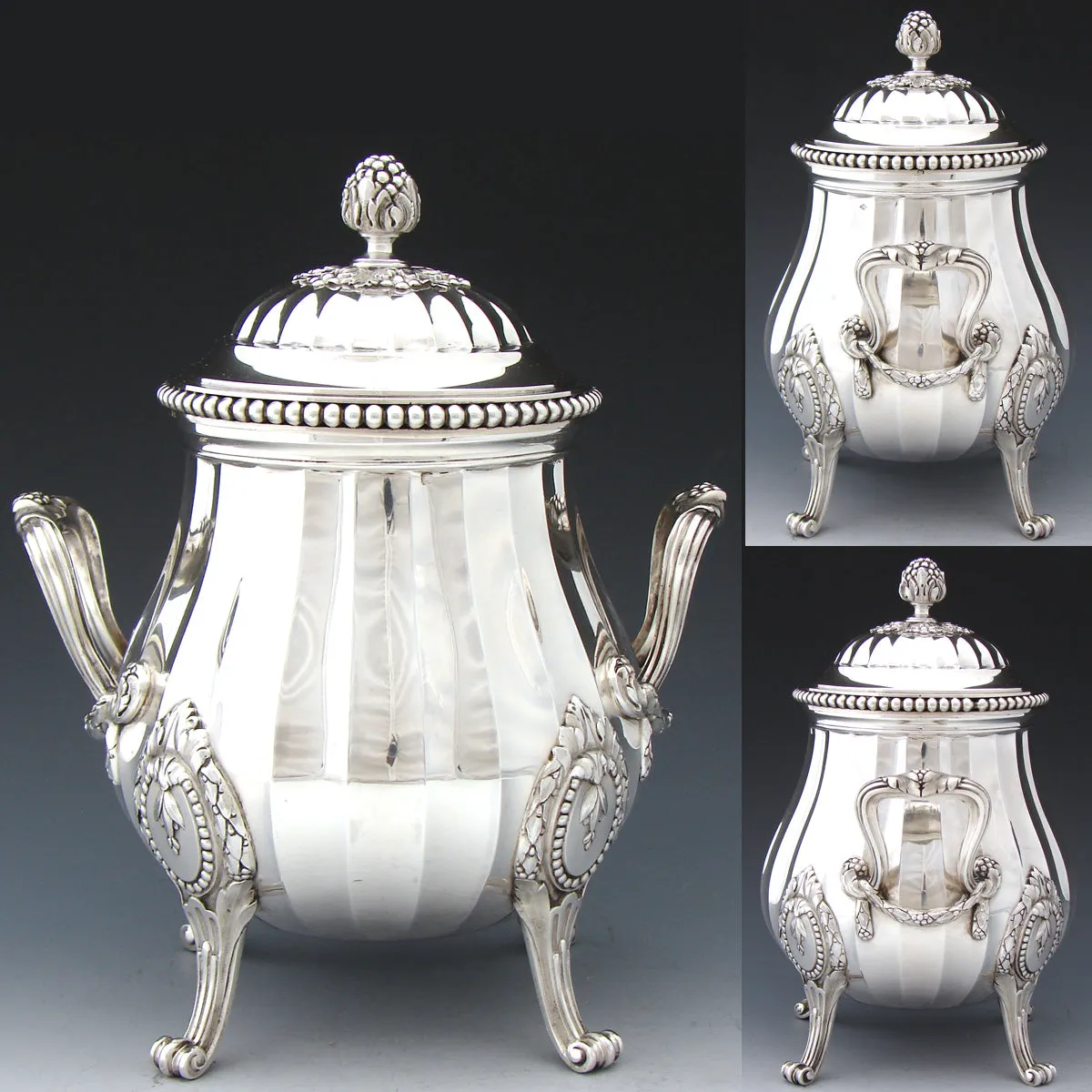 Antique French PUIFORCAT Sterling Silver 5pc Coffee & Tea Service, Set, Laurel Garland, Fluted Bodies