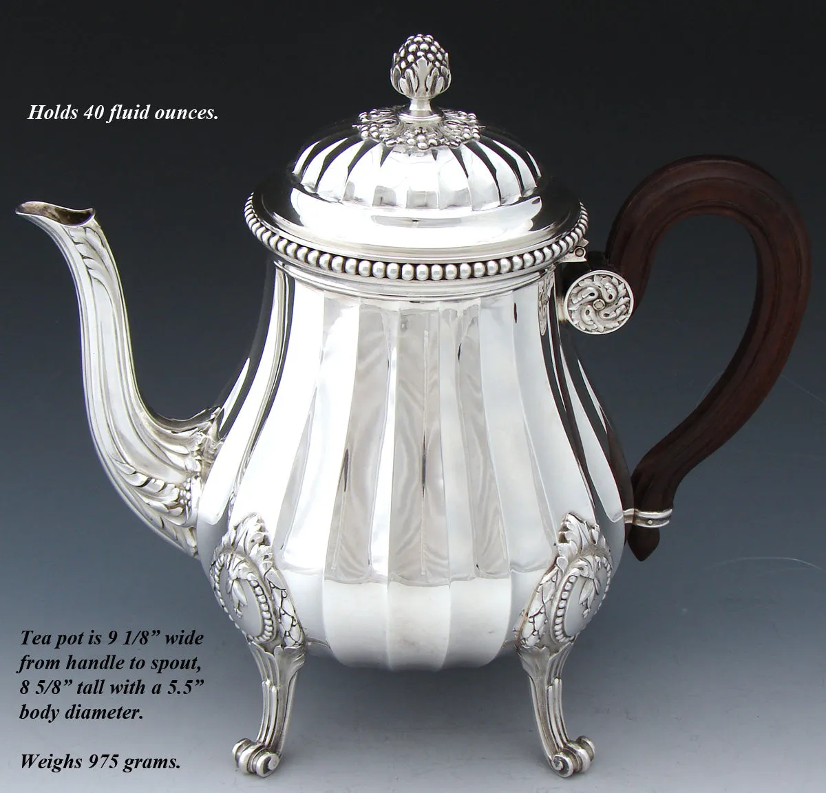 Antique French PUIFORCAT Sterling Silver 5pc Coffee & Tea Service, Set, Laurel Garland, Fluted Bodies