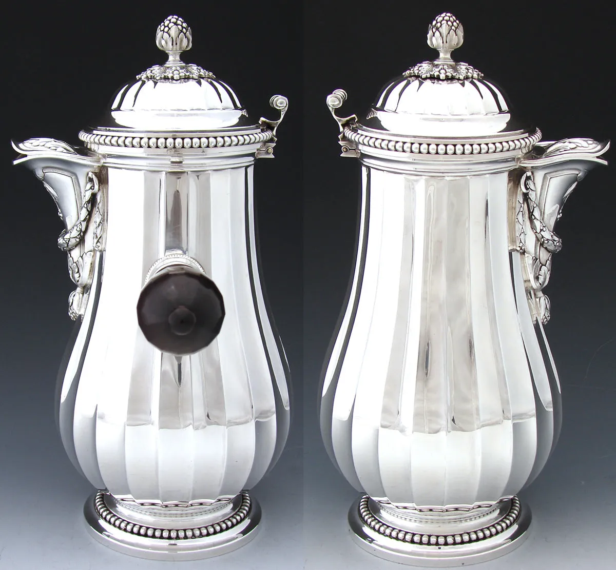 Antique French PUIFORCAT Sterling Silver 5pc Coffee & Tea Service, Set, Laurel Garland, Fluted Bodies