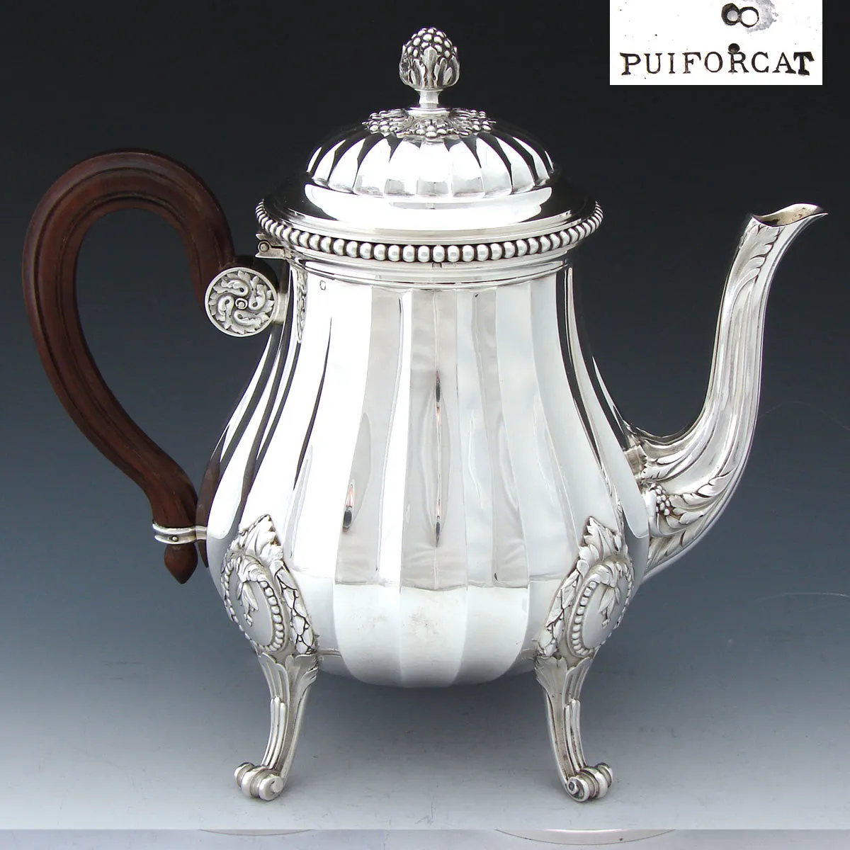 Antique French PUIFORCAT Sterling Silver 5pc Coffee & Tea Service, Set, Laurel Garland, Fluted Bodies