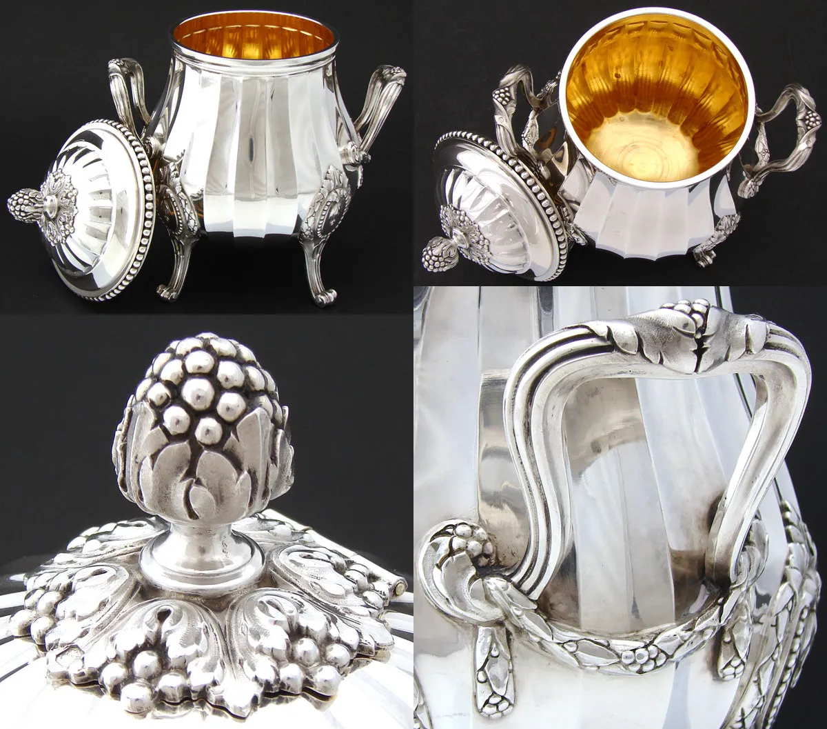 Antique French PUIFORCAT Sterling Silver 5pc Coffee & Tea Service, Set, Laurel Garland, Fluted Bodies