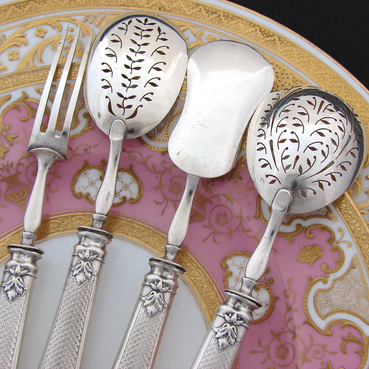 Antique French Sterling Silver 4pc Condiment or Hors d'Oeuvre Service Set, Original Box