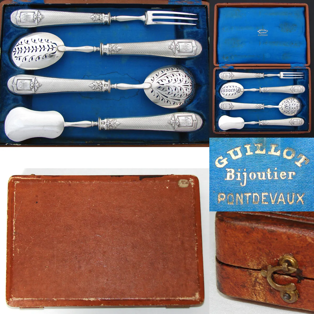 Antique French Sterling Silver 4pc Condiment or Hors d'Oeuvre Service Set, Original Box