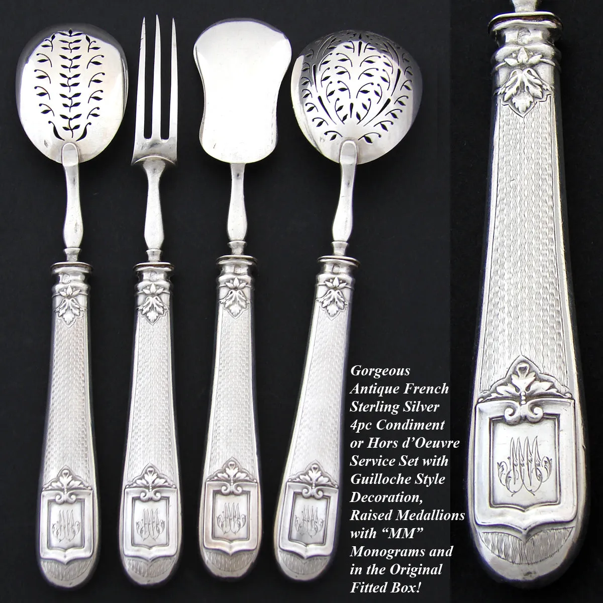 Antique French Sterling Silver 4pc Condiment or Hors d'Oeuvre Service Set, Original Box