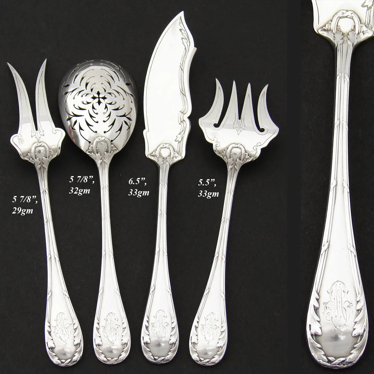 Antique French Sterling Silver 4pc Hors d'Oeuvre Serving Set, Acanthus Accenting, Orig. Box