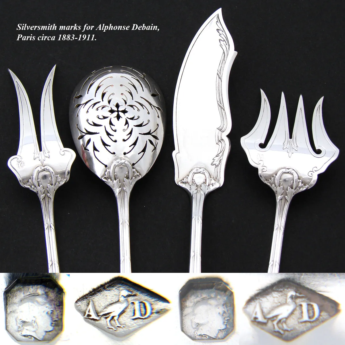 Antique French Sterling Silver 4pc Hors d'Oeuvre Serving Set, Acanthus Accenting, Orig. Box