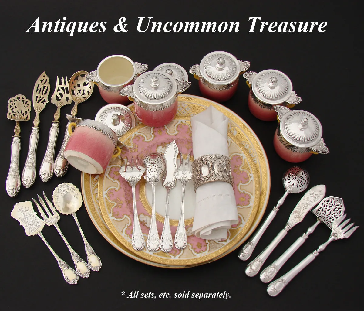 Antique French Sterling Silver 4pc Hors d'Oeuvre Serving Set, Acanthus Accenting, Orig. Box