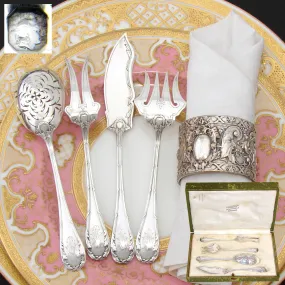 Antique French Sterling Silver 4pc Hors d'Oeuvre Serving Set, Acanthus Accenting, Orig. Box