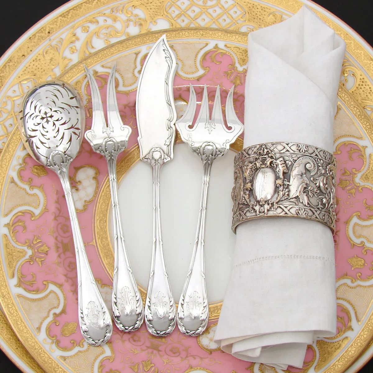 Antique French Sterling Silver 4pc Hors d'Oeuvre Serving Set, Acanthus Accenting, Orig. Box