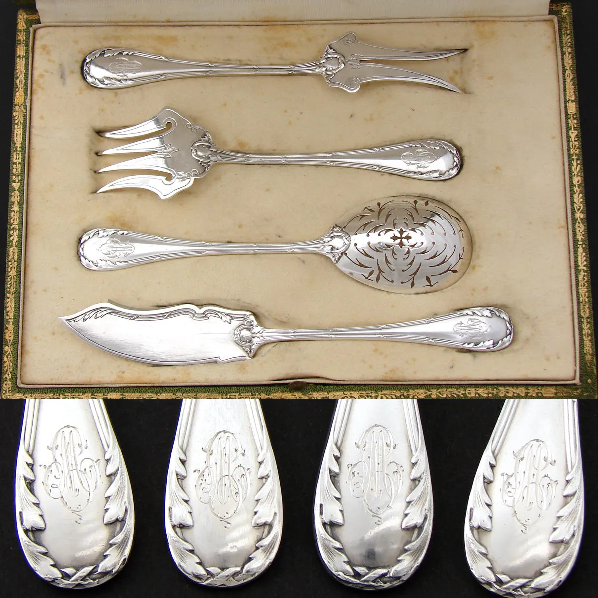 Antique French Sterling Silver 4pc Hors d'Oeuvre Serving Set, Acanthus Accenting, Orig. Box