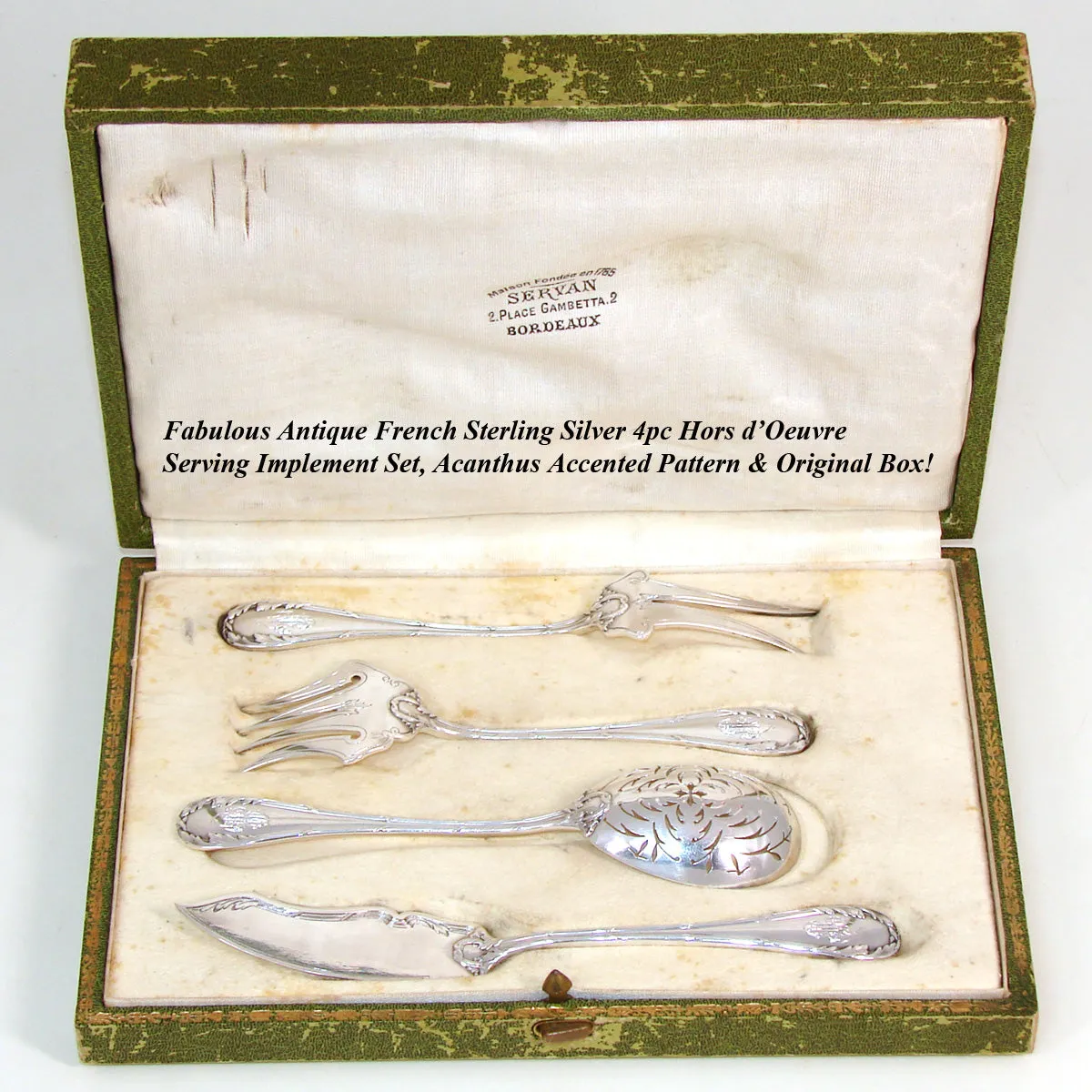 Antique French Sterling Silver 4pc Hors d'Oeuvre Serving Set, Acanthus Accenting, Orig. Box