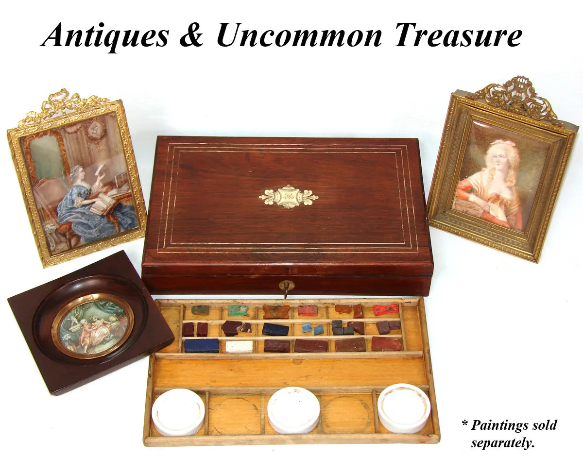 Antique French Watercolor Aquarelle Painting Artist's Box, Elegant Boulle Rosewood Chest