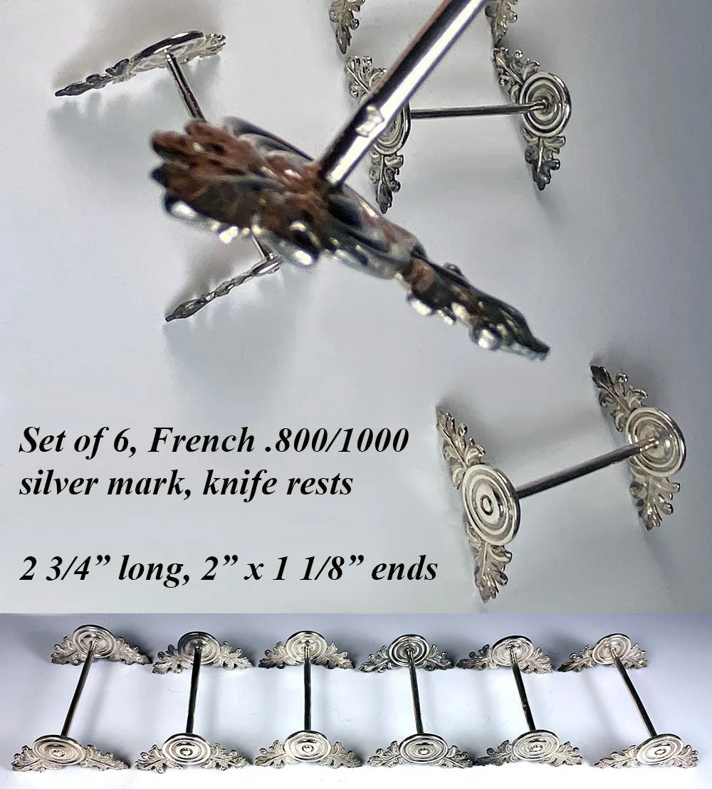 Beautiful Set of 6 Fine Antique French .800/1000 Silver Knife Rests, Almost Sterling