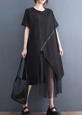 Black O-Neck Zippered Cozy Long Dress Short Sleeve LY2959
