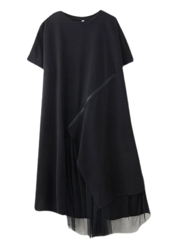 Black O-Neck Zippered Cozy Long Dress Short Sleeve LY2959