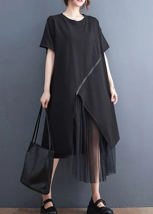 Black O-Neck Zippered Cozy Long Dress Short Sleeve LY2959