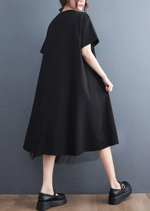 Black O-Neck Zippered Cozy Long Dress Short Sleeve LY2959