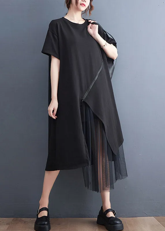 Black O-Neck Zippered Cozy Long Dress Short Sleeve LY2959