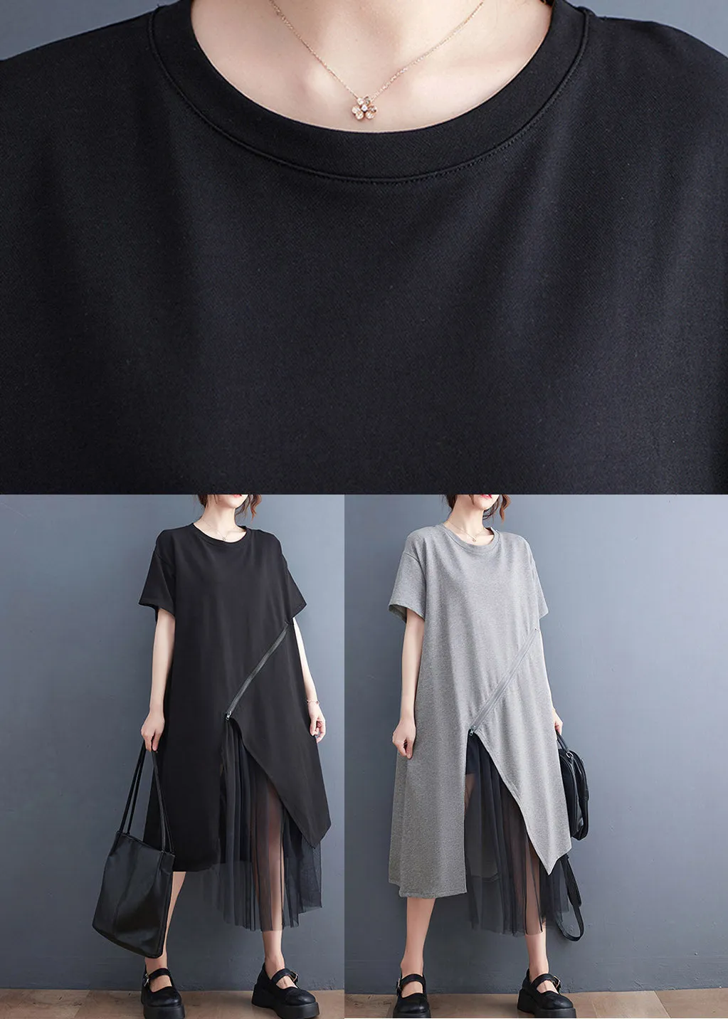 Black O-Neck Zippered Cozy Long Dress Short Sleeve LY2959