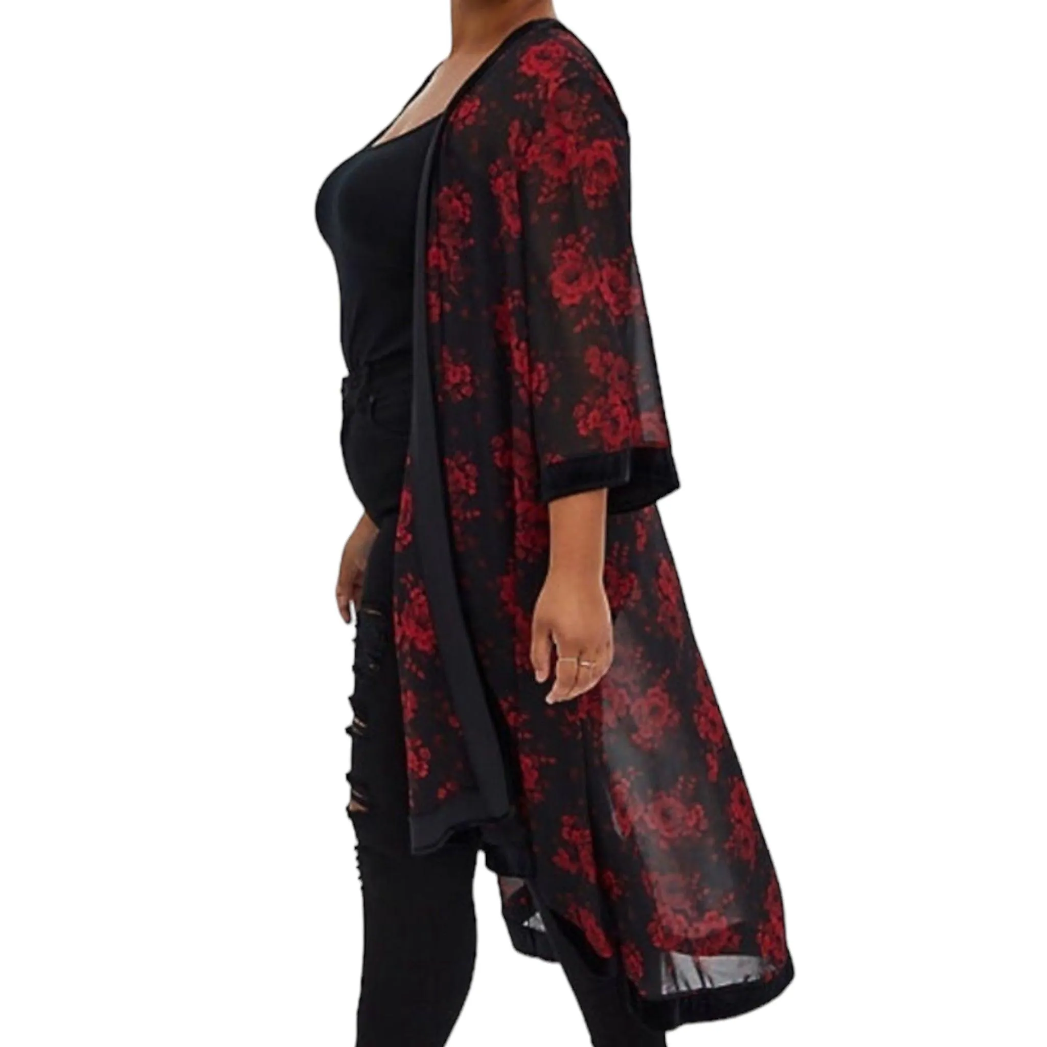 Black Red Rose Velvet Kimono Cardigan