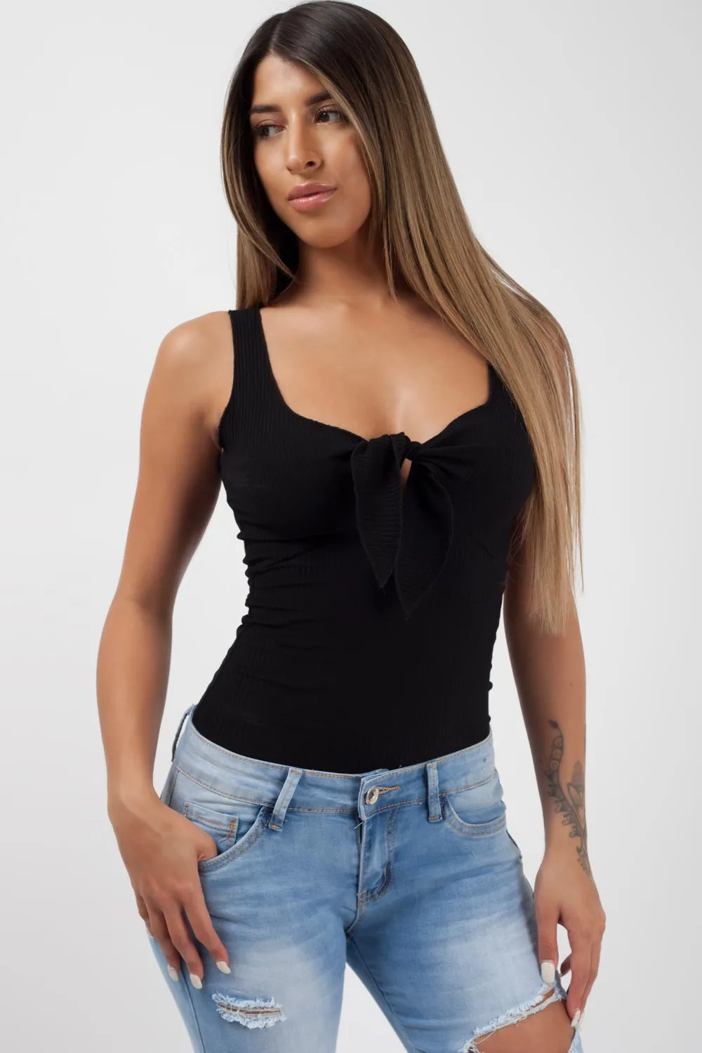 Black Ribbed Tie Front Bodysuit Top