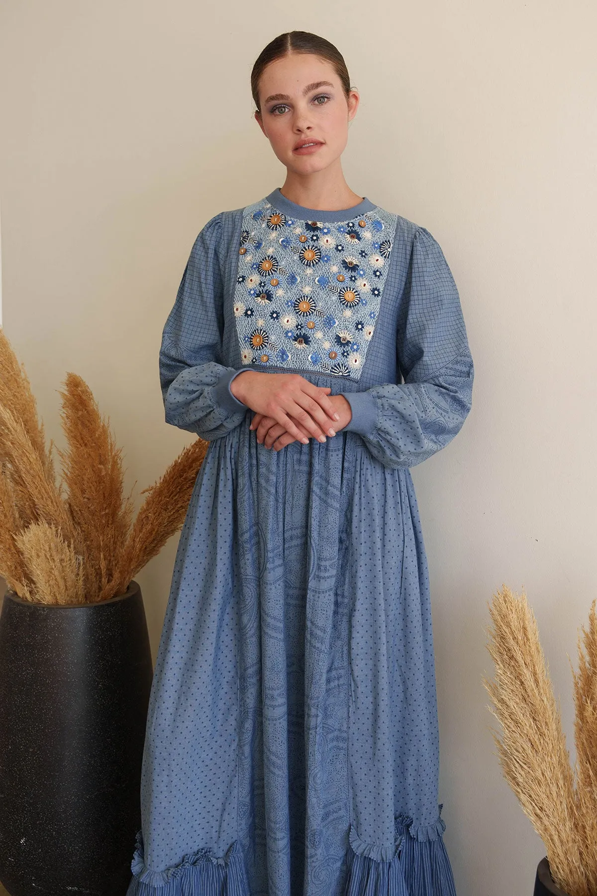 Blue multi printed maxi dress with embroidered yoke