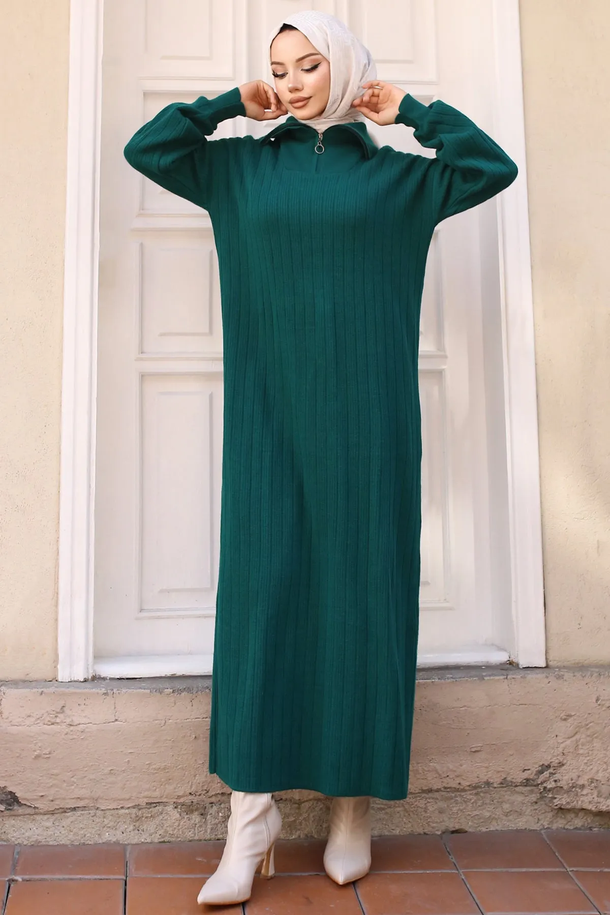 BNG Women 1 Collar Zippered Ribbed Knit Dress Emerald Green - Clermont