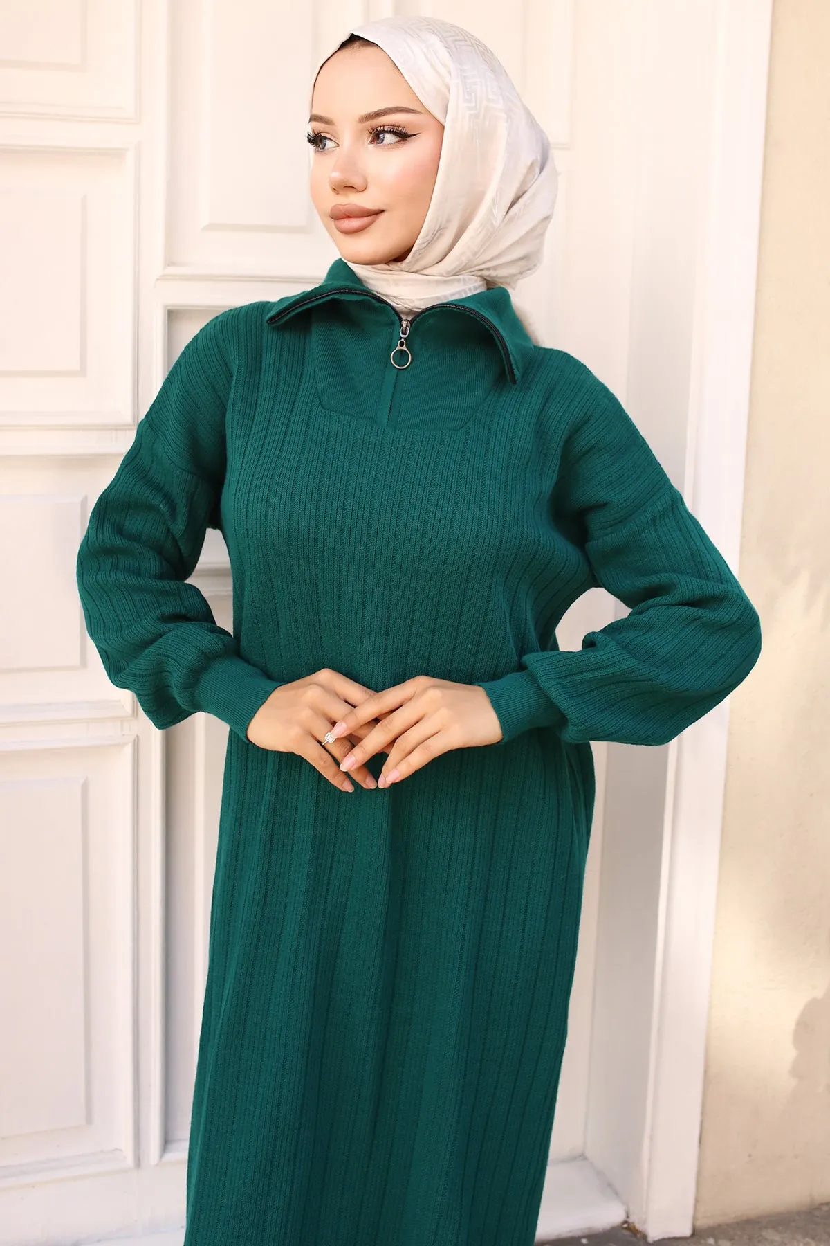 BNG Women 1 Collar Zippered Ribbed Knit Dress Emerald Green - Clermont