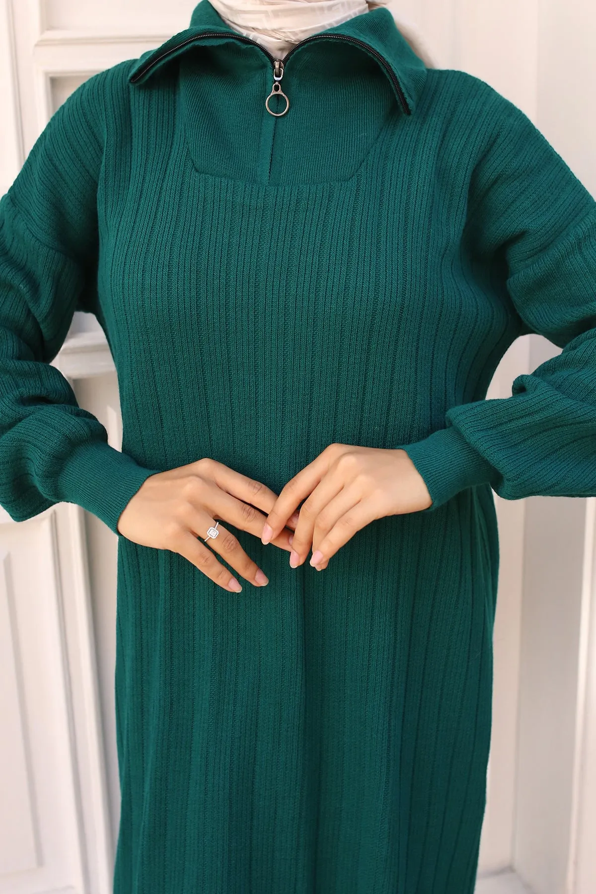 BNG Women 1 Collar Zippered Ribbed Knit Dress Emerald Green - Clermont
