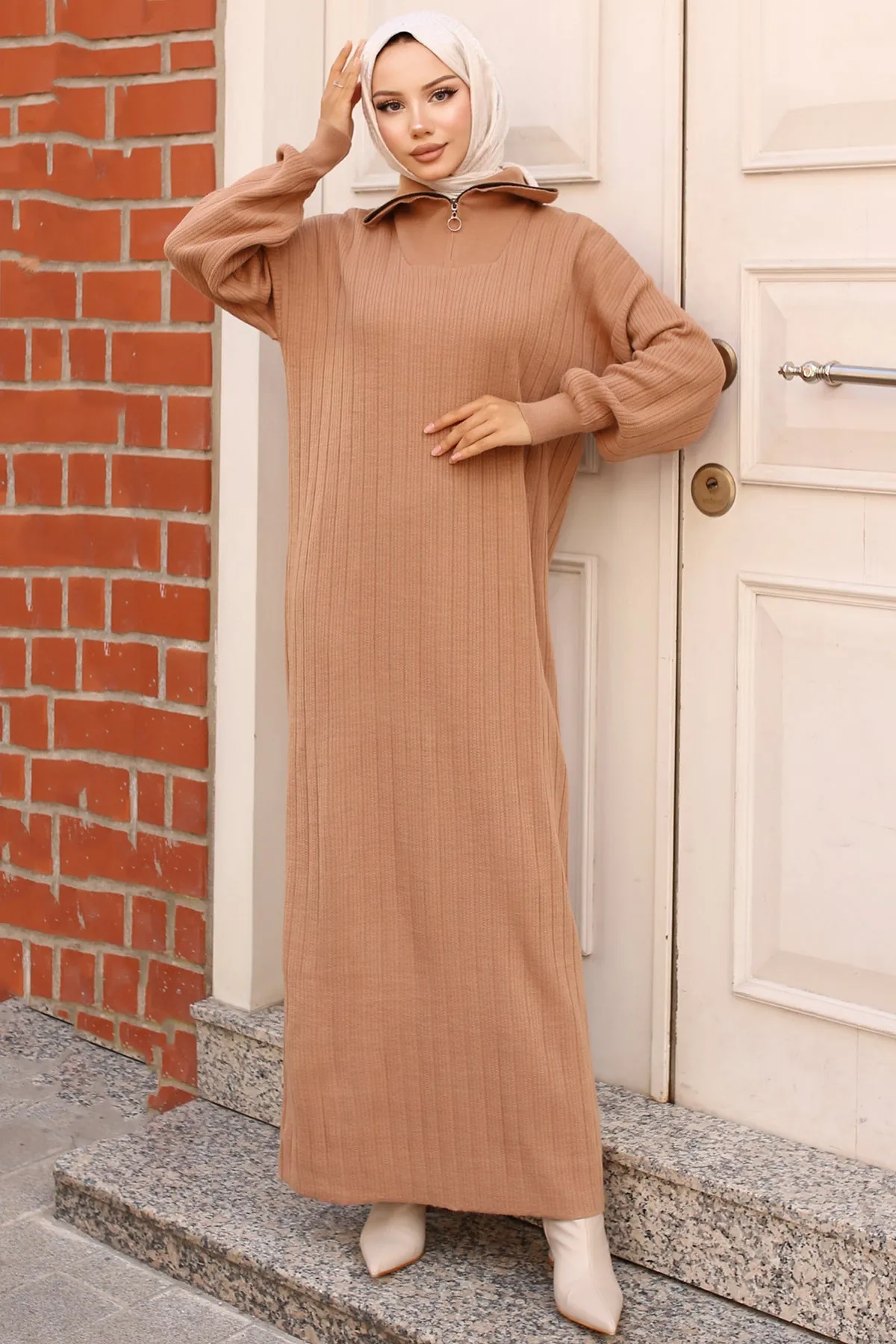 BNG Women 1 Collar Zippered Ribbed Knit Dress Mink - Clermont