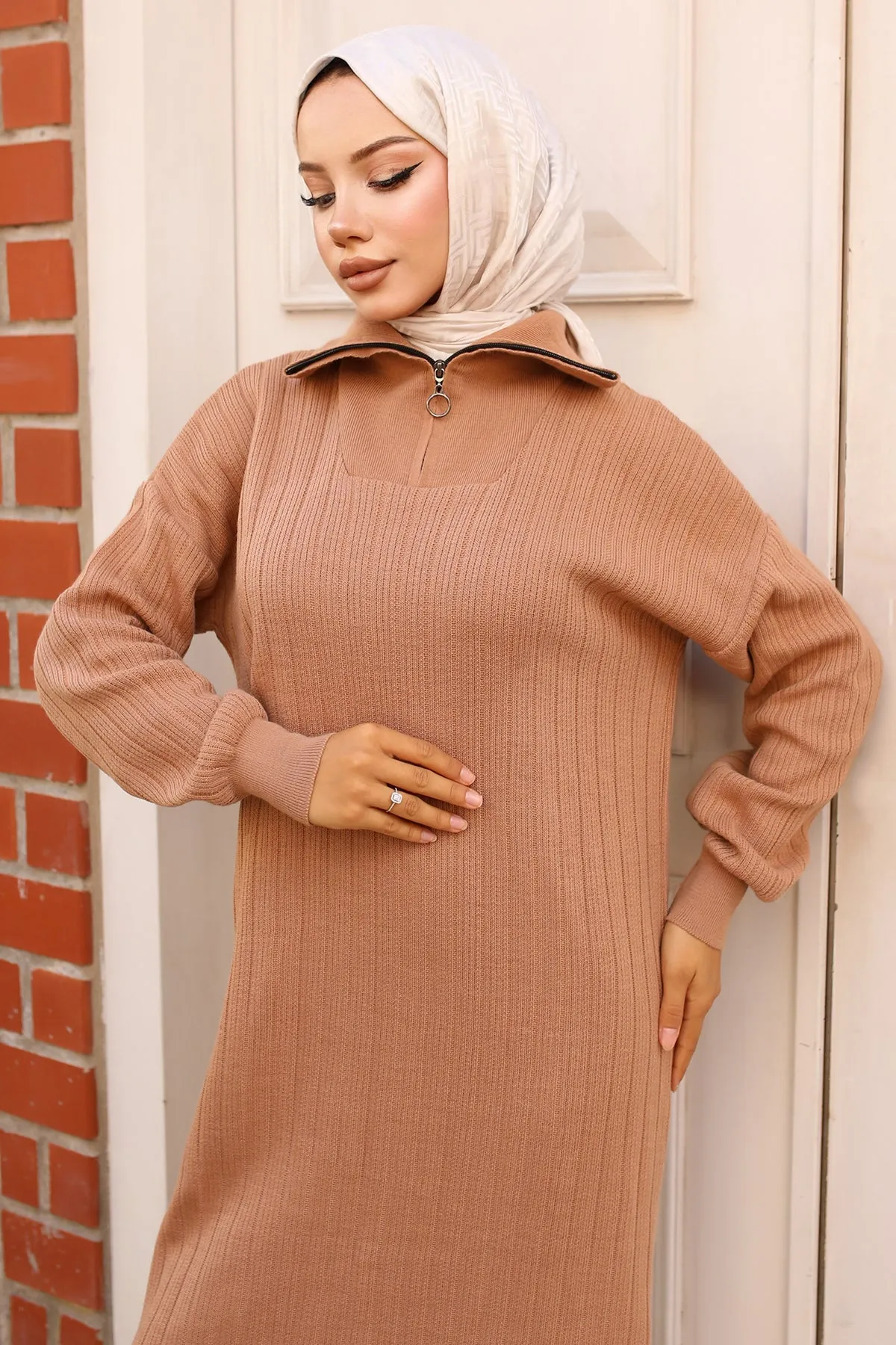 BNG Women 1 Collar Zippered Ribbed Knit Dress Mink - Clermont