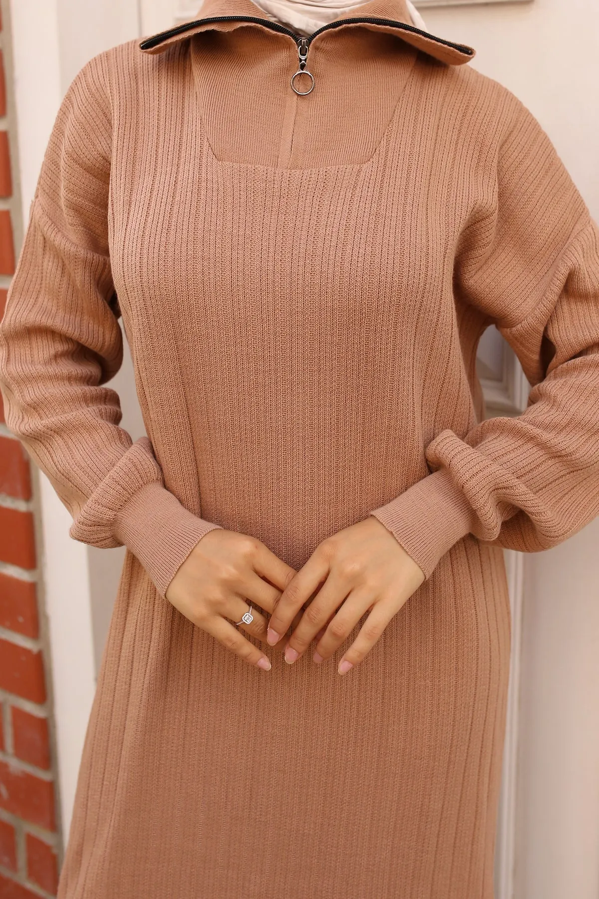 BNG Women 1 Collar Zippered Ribbed Knit Dress Mink - Clermont
