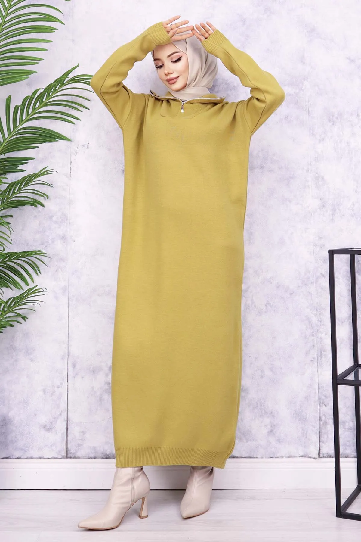 BNG Women Zippered Collar Knit Dress Olive Green - Oradea