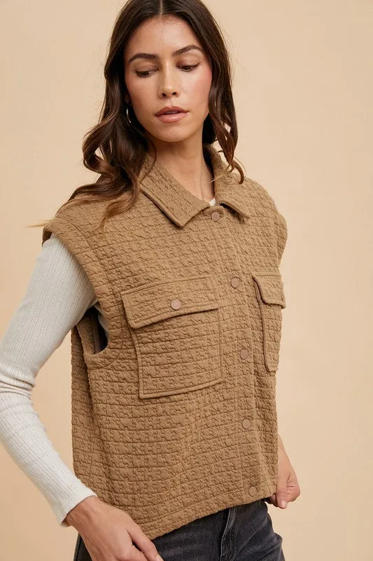 Brown Puzzle Quilted Snap Down Vest Coat