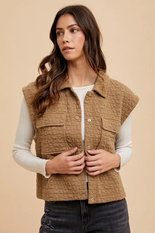 Brown Puzzle Quilted Snap Down Vest Coat