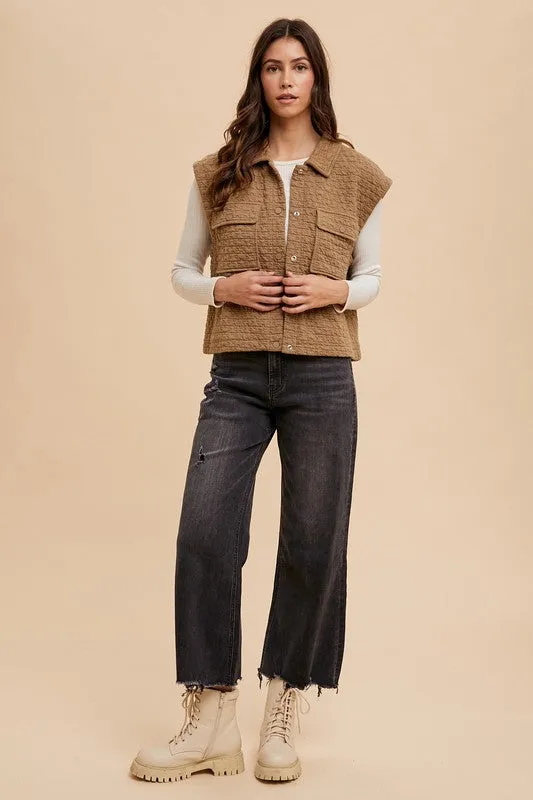 Brown Puzzle Quilted Snap Down Vest Coat