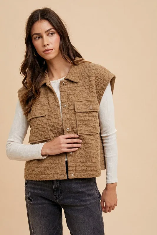 Brown Puzzle Quilted Snap Down Vest Coat