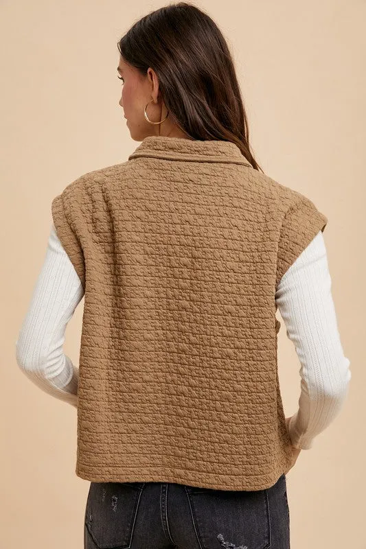 Brown Puzzle Quilted Snap Down Vest Coat