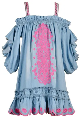 CHAMBRAY DRESS W/ EMBROIDERY (A36196)
