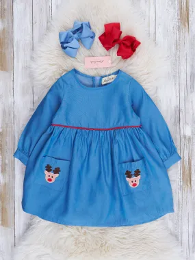 Chambray Embroidered Reindeer Dress